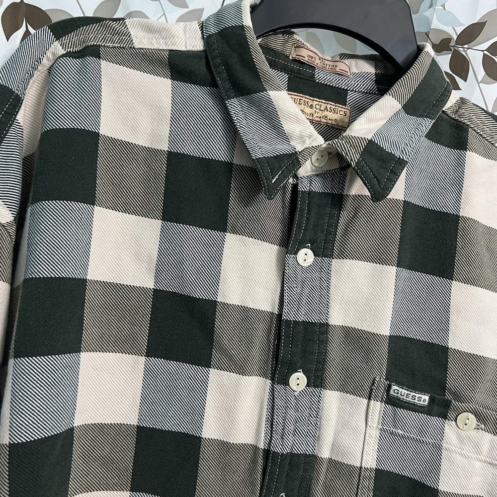 Vintage 90s GUESS Plaid Flannel Shirt Button Up Size XL Skater Grunge Pocket